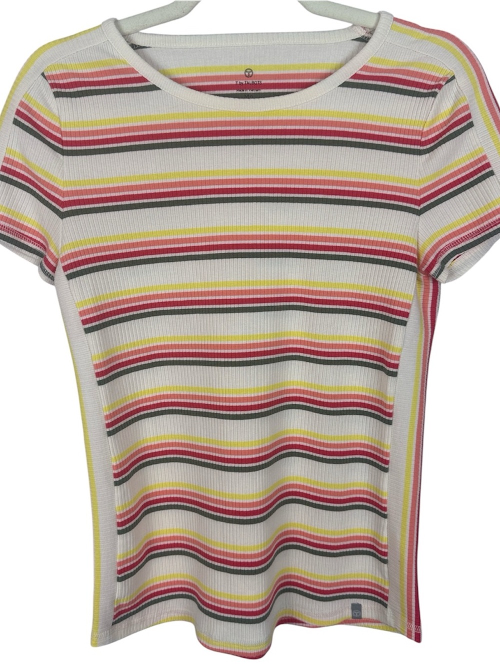 T by Talbots Striped Ribbed Knit Short Sleeve Tee Shirt Med Petite MP Colorful
